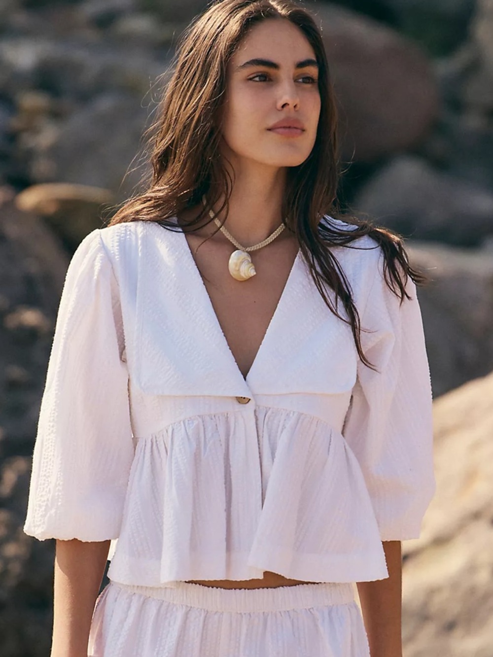 Free People Alisha White Textured V-Neck Peplum Blouse